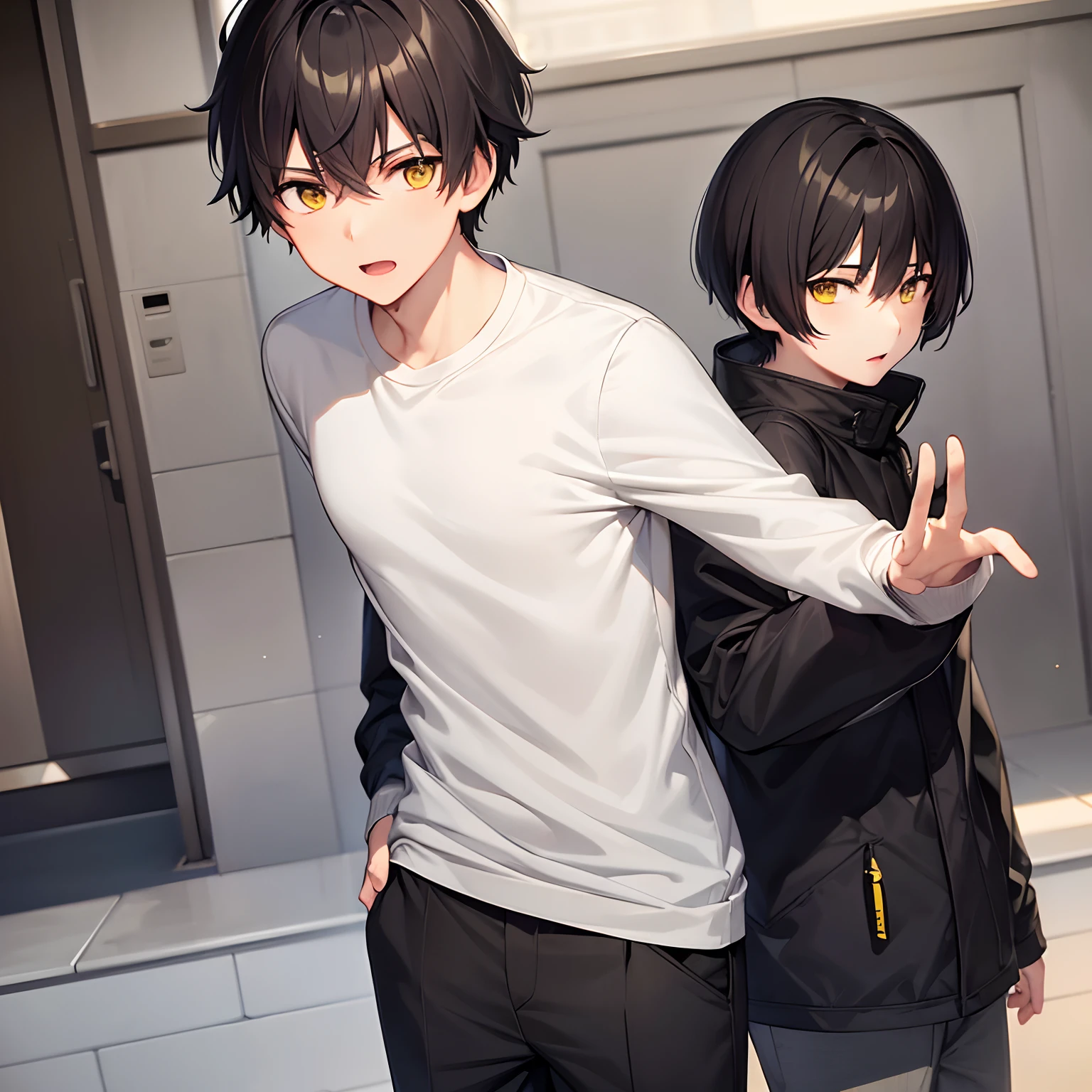 Male Focus,1 juvenile,short-haired,A dark-haired,((masterpiece)),High school students,Yellow eyes,Black pants,underpants,tusk,parka,long-sleeve