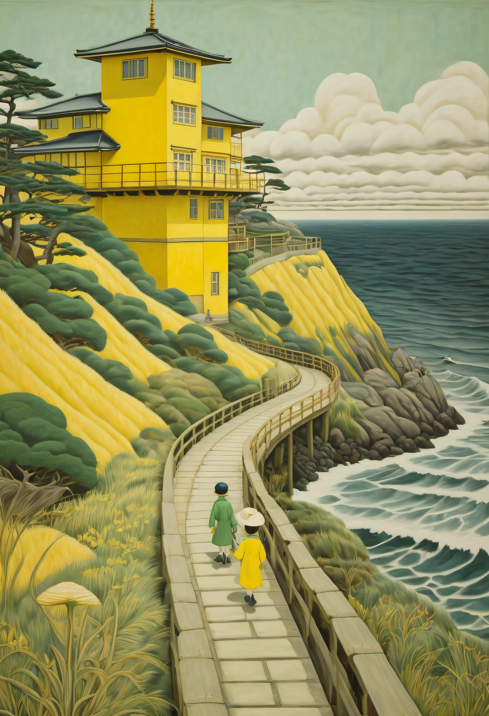 osaka and japan manana oil on canvas, 2012, in the style of wes anderson, traincore, cfa voysey, frequent use of yellow, annie soudain, seaside vistas, childlike figures
