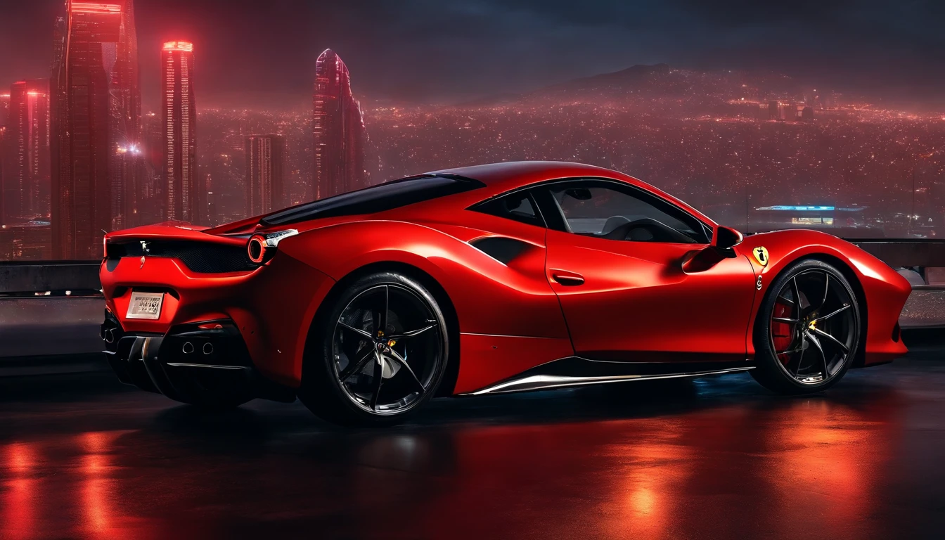 (Best quality, 8k, Masterpiece :1.2), (Facing the audience), hyper realistic, cyberpunk, at a mountain, an detailed red Ferrari 488, The blue skyscraper in the background, at night,