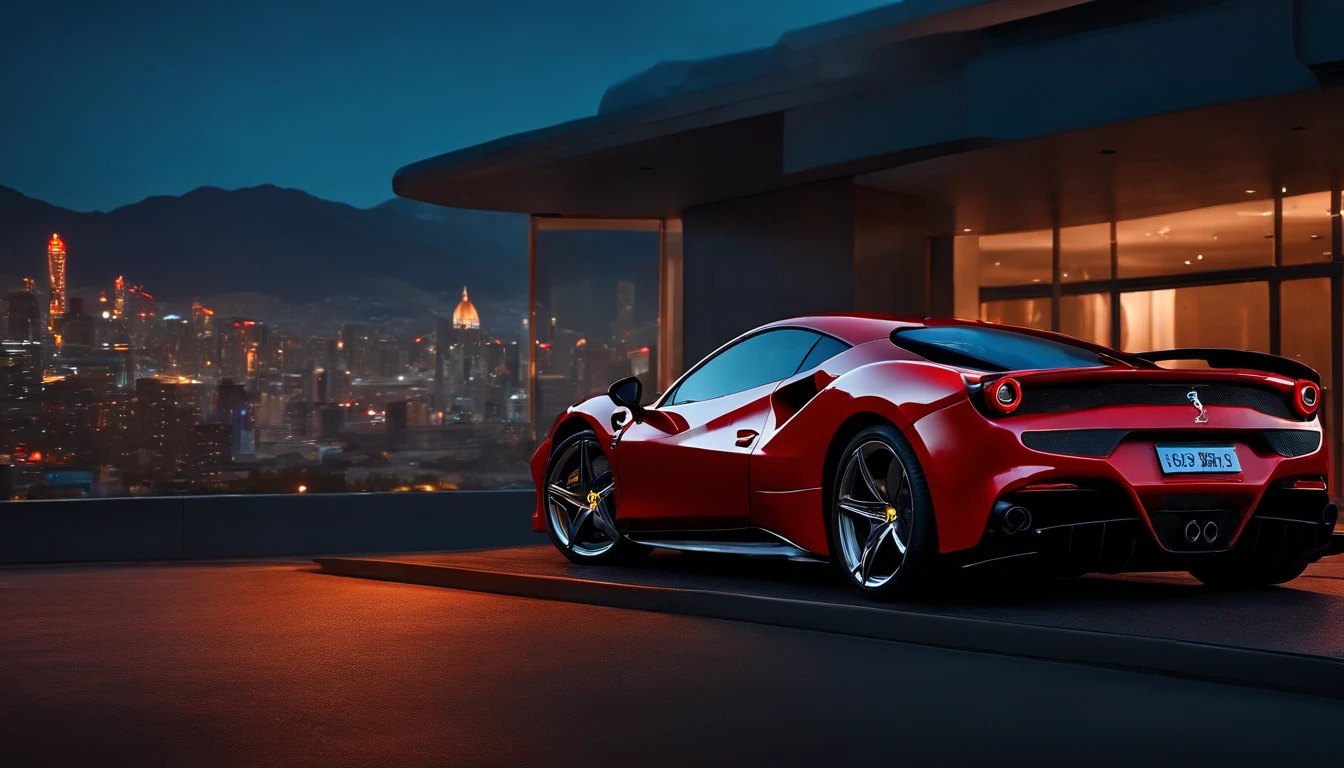 (Best quality, 8k, Masterpiece :1.2), (Facing the audience), hyper realistic, cyberpunk, at a mountain, an detailed red Ferrari 488, The blue skyscraper in the background, at night,