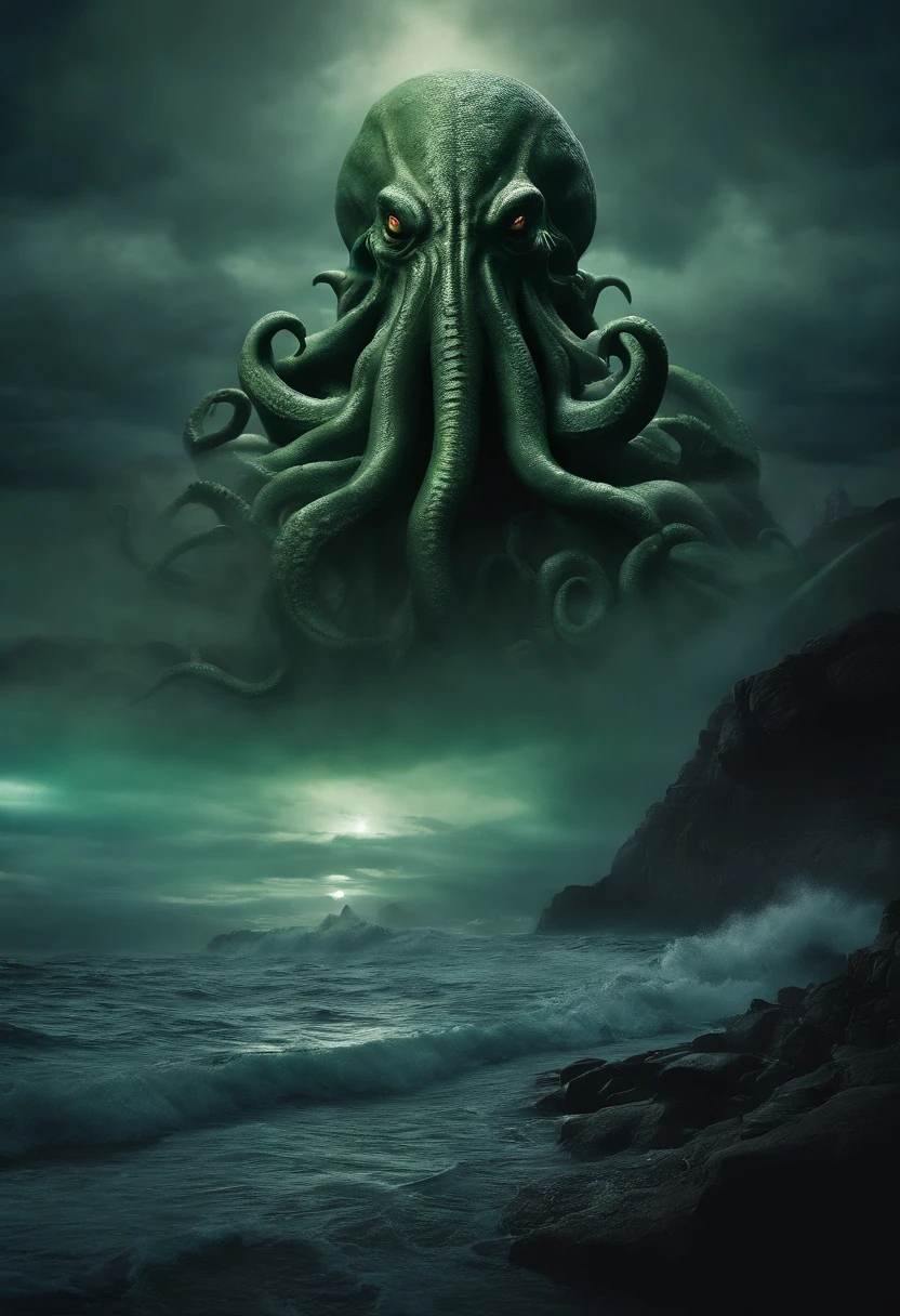 Cthulhu Lovecraft ,Cthulhu, Lovecraft ,Works by HP Lovecraft , Dark sea, terroral, foggy, foggy, terroral ,terrifying , Dramatic Lighting , cinematic lightening, Master Parts,top-quality, A hyper-realistic, ighly detailed