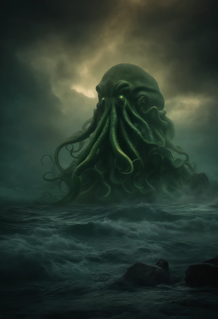 Cthulhu Lovecraft ,Cthulhu, Lovecraft ,Works by HP Lovecraft , Dark sea, terroral, foggy, foggy, terroral ,terrifying , Dramatic Lighting , cinematic lightening, Master Parts,top-quality, A hyper-realistic, ighly detailed