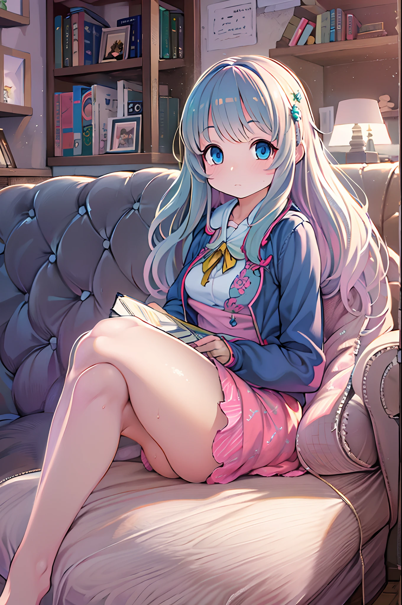 Anime - style image of woman with long hair and blue eyes sitting on sofa, small curvy loli, loli in dress, [ 4 k digital art ]!!, Smooth Anime CG Art, anime moe art style, Seductive Anime Girl, Chic, 8k high quality detailed art, photorealistic anime girl render, render of april