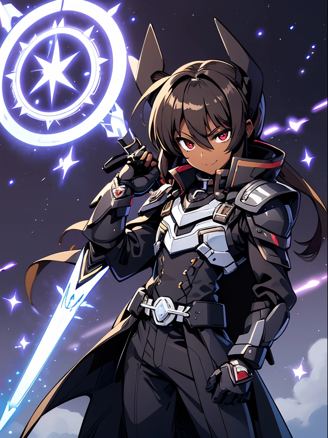 Masterpiece, highres, High quality, Dark skin child, male, medium long dark brown hair, big innocent blue eye's, wearing a black mecha black magical boy black armour, black leggings, trenchcoat coat, (magical girl lyrical nanoha), magic circle runes