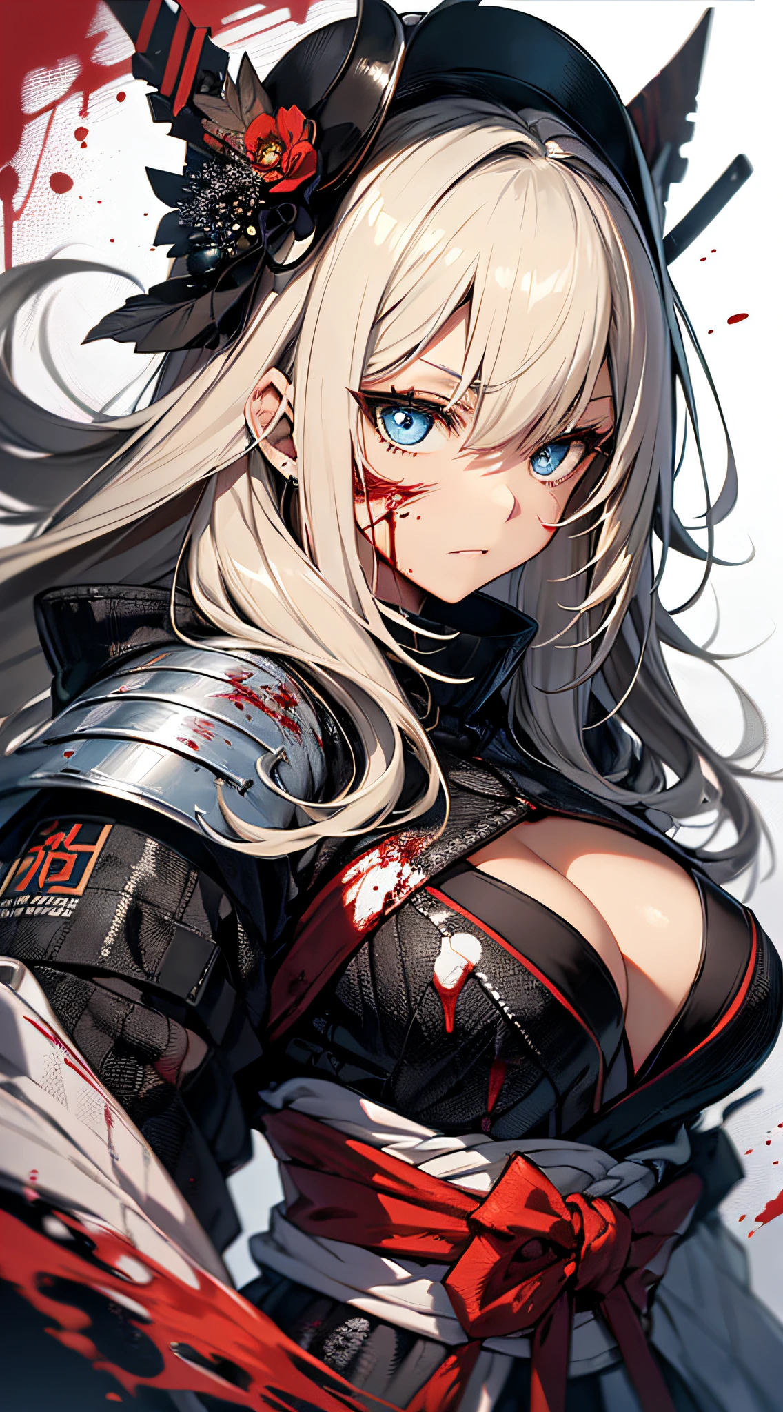 top-quality、Top image quality、masterpiece、girl with((cute little、18year old、Best Bust、Medium bust、Bust 85,Beautiful blue eyes、Breasts wide open,Blonde long hair、A slender、Black Samurai Costume、Murderous face,Holding a Japan sword with both hands、Fluttering hair、black and white color scheme、fighting poses、Blood returned to the sword、systemic return blood、Reflecting the whole body))hiquality、Beautiful Art、Background with((Black and white world、New York City、Blood splatters on the screen、Samurai Corps)),masutepiece、Elaborate design、visualart、depth of fields、The best lighting、highestdetailed、8k,、Art of Kurosawa World