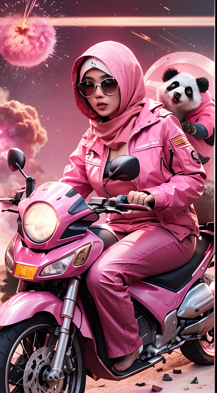 Slim and Medium breasted malay woman in hijab with pink jacket, pink food delivery motorcycle, foodpanda delivery, panda emblem at delivery box, pink delivery box, sunglasses, sci-fi, with gun, explosions behind, lot of explosion, dramatic scene, movie poster,