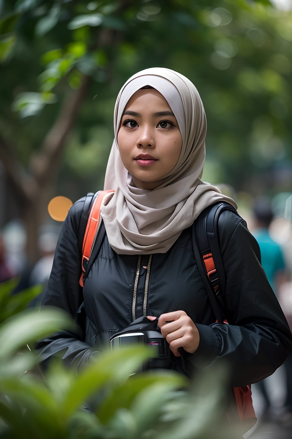 Photograph a Malay girl in hijab as she navigates the urban jungle, confidently commuting to work or school, showcasing her modern lifestyle in the heart of the city, close up, ray lighting, bokeh,