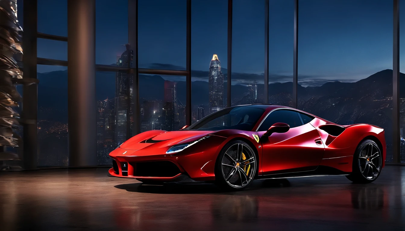 (Best quality, 8k, Masterpiece :1.2), hyper realistic, cyberpunk, at a mountain, an detailed red Ferrari 488, (Facing the audience), The blue skyscraper in the background, at night,