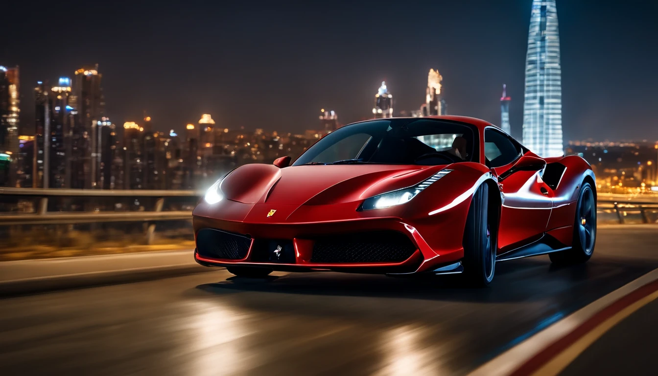 (Best quality, 8k, Masterpiece :1.2), hyper realistic, cyberpunk, at a mountain, an detailed red Ferrari 488, (Facing the audience), The blue skyscraper in the background, at night,
