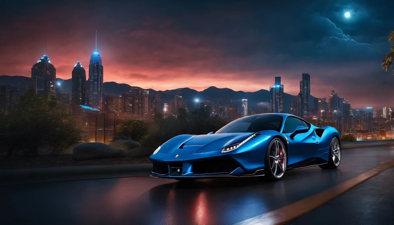 (Best quality, 8k, Masterpiece :1.2), hyper realistic, cyberpunk, at a mountain, an detailed red Ferrari 488, (Facing the audience), The blue skyscraper in the background, at night,