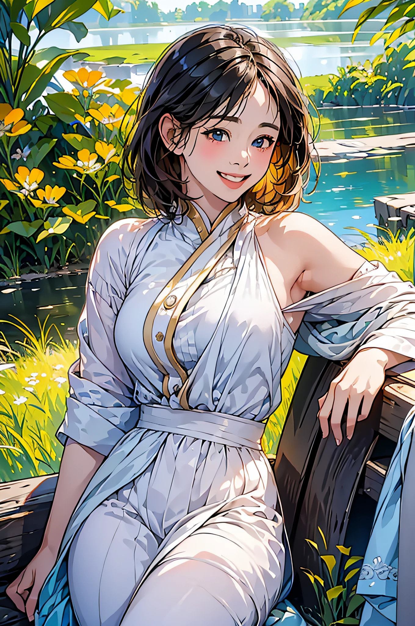in 8K、top-quality、masterpiece:1.2)、1人の女性、(Smiling smile:1.1)、beautidful eyes、Valley、The upper part of the body、shorth hair、Like a boy、Colossal tits、Green View、