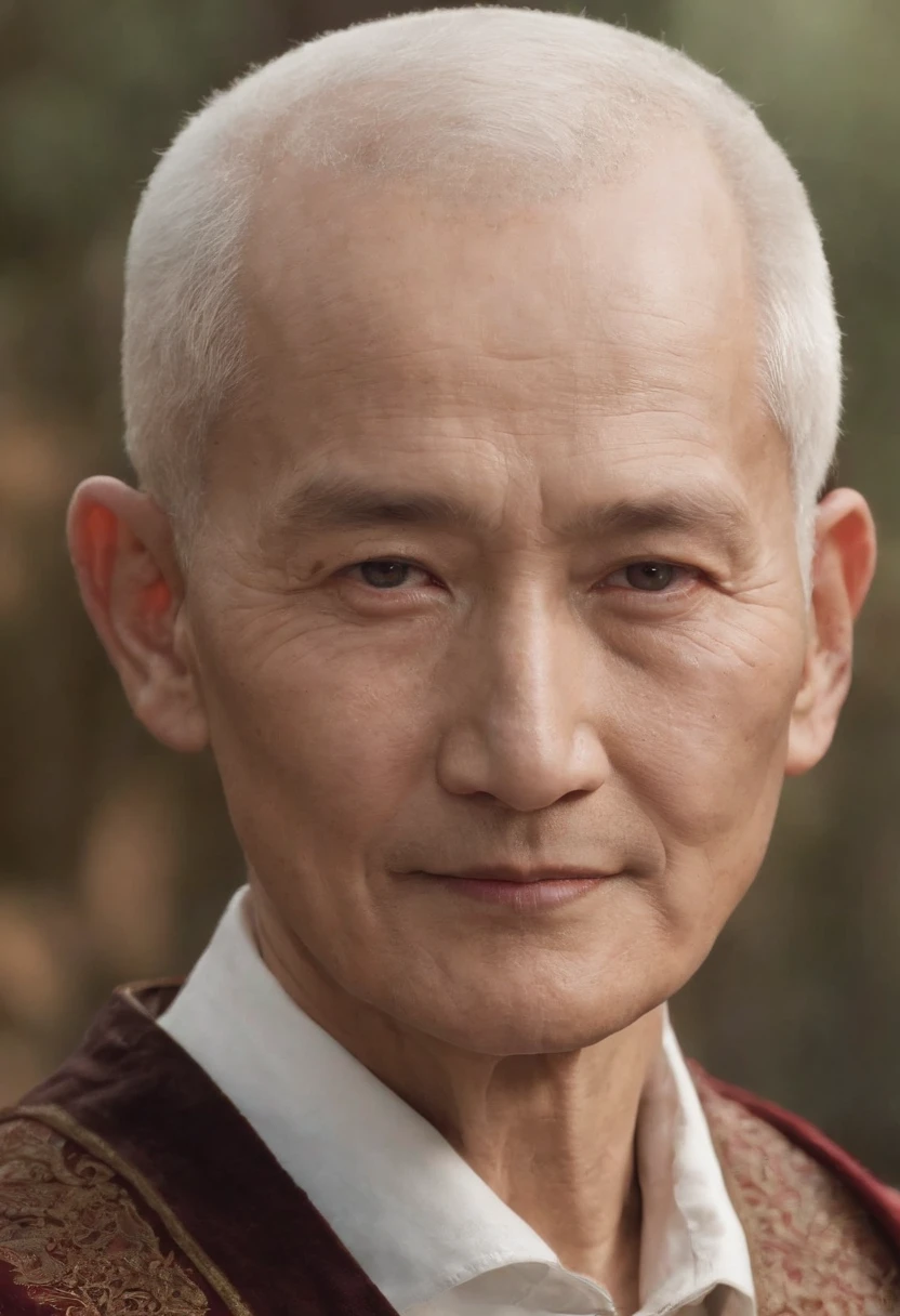 An old man sitting upright，Chinese men，ssmile，Short white hair of the spirit, bald，Medium-sized eyes，The upper part of the body，Bookshelf background，Pipe in hand，Portrait photography style，tmasterpiece，Ultra-unique to engage in professional digital art，Film Washington，Hyper-realistic，photore，Supernatural skin texture，Detailed facial features，8K，Character scale 1:1.5