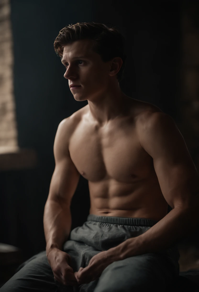Tom Holland sitting shirtless in a pair of boxers with his legs spread