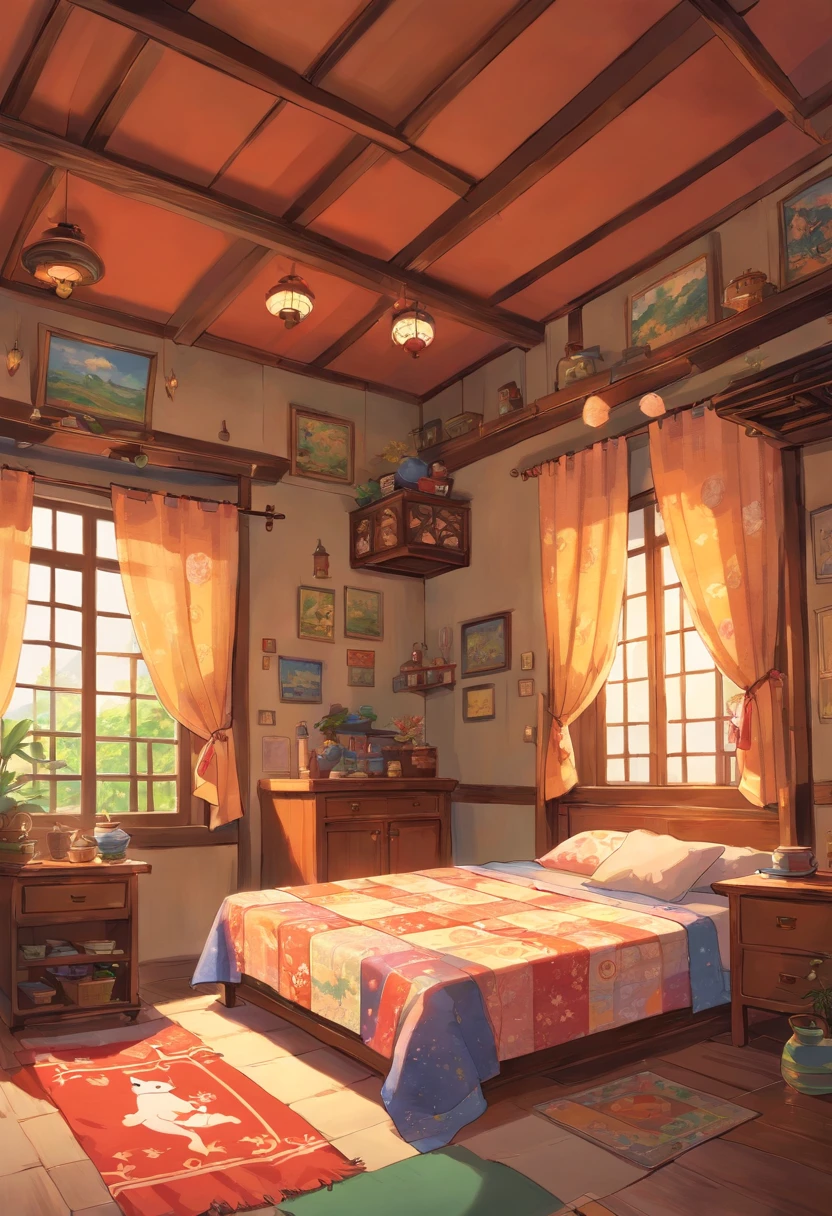 Zhuang style room，There was a little boy sleeping on the bed covered with a quilt，There is a table next to the window