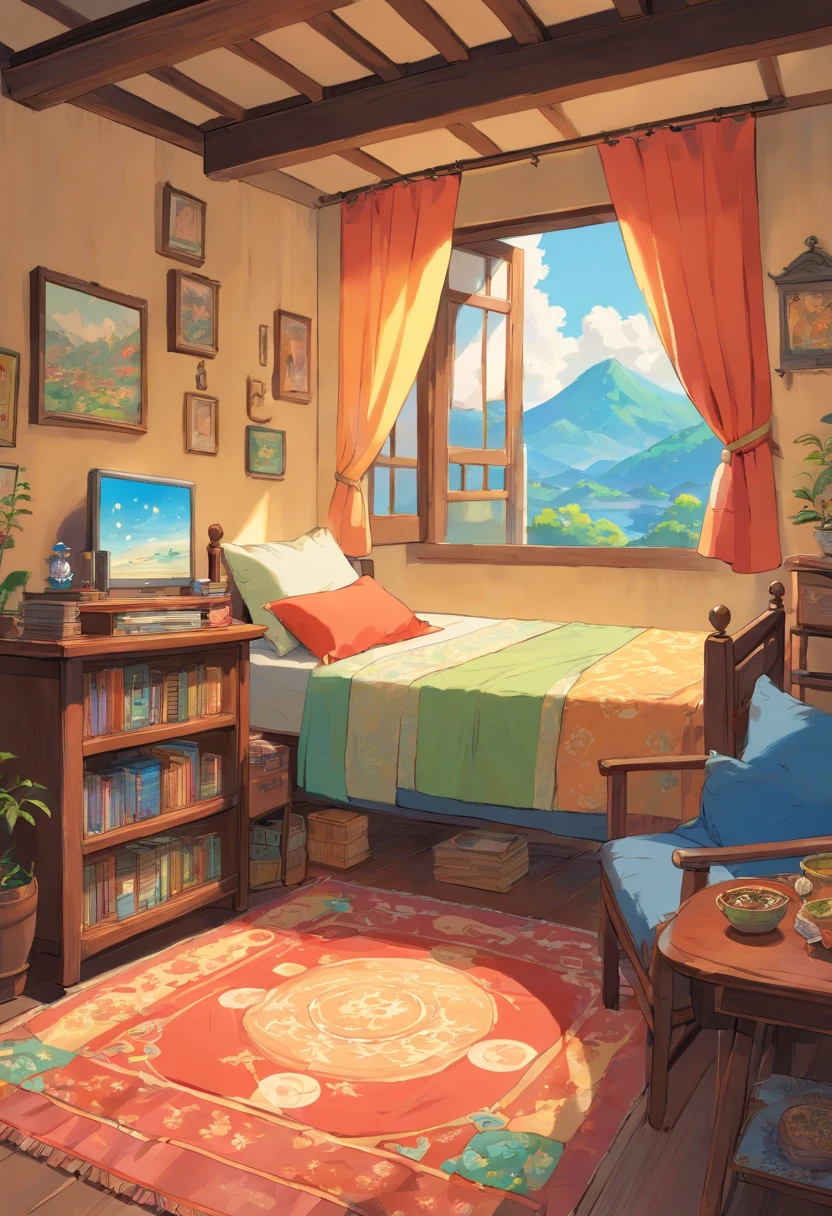 Zhuang style room,There was a little boy sleeping on the bed covered with a quilt,There is a table next to the window