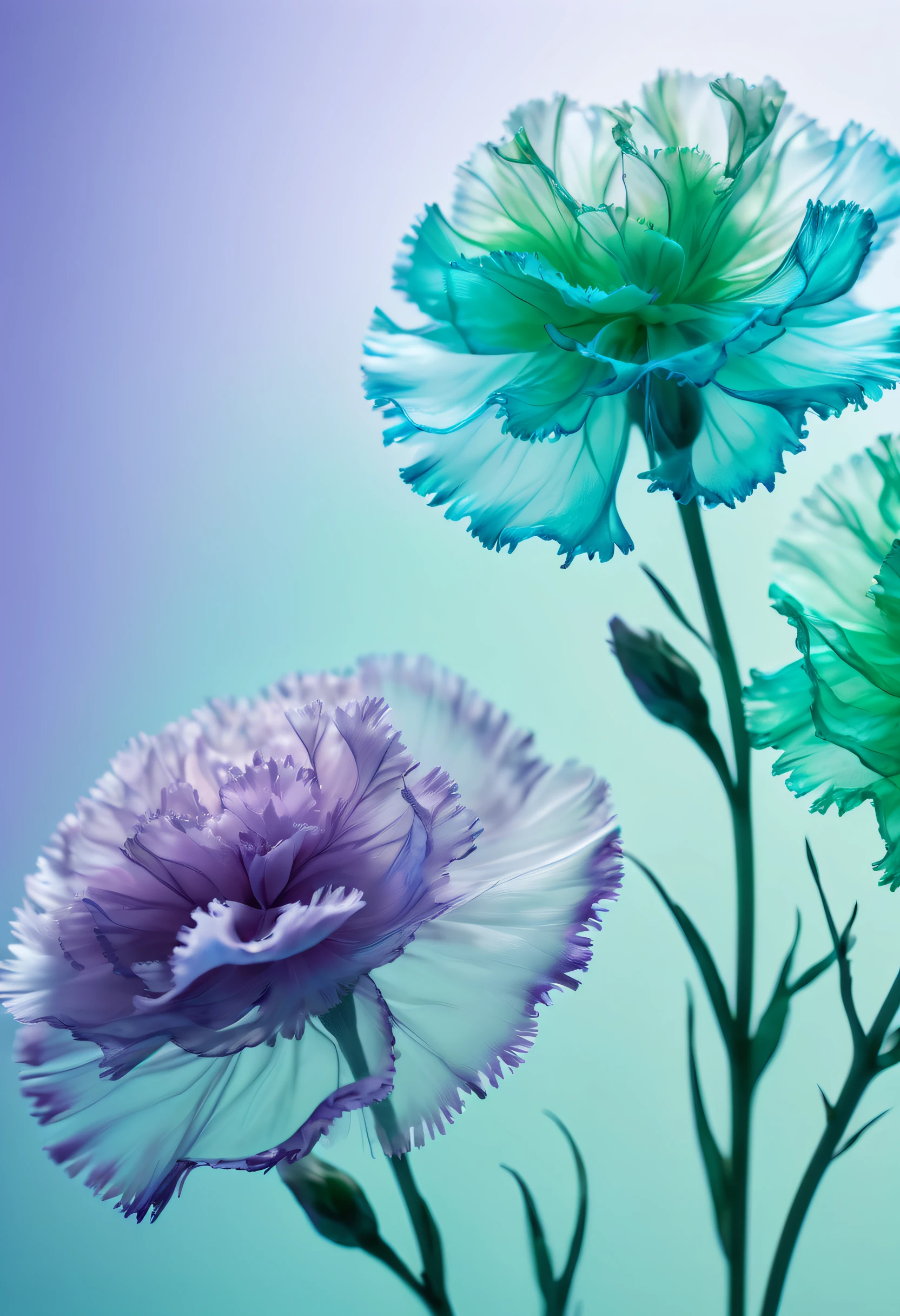 Semi-transparent flowers,Carnation,The petals are made of transparent::4 silk material, in the style of transparency and lightness, Multi color matching,Turquoise Blue,Lavender Purple,Clean background, Macro, Natural Light,Fantasy, Romanticism,elsa bleda, green, soft and rounded forms, color photography pioneer, 8k, hyper quality