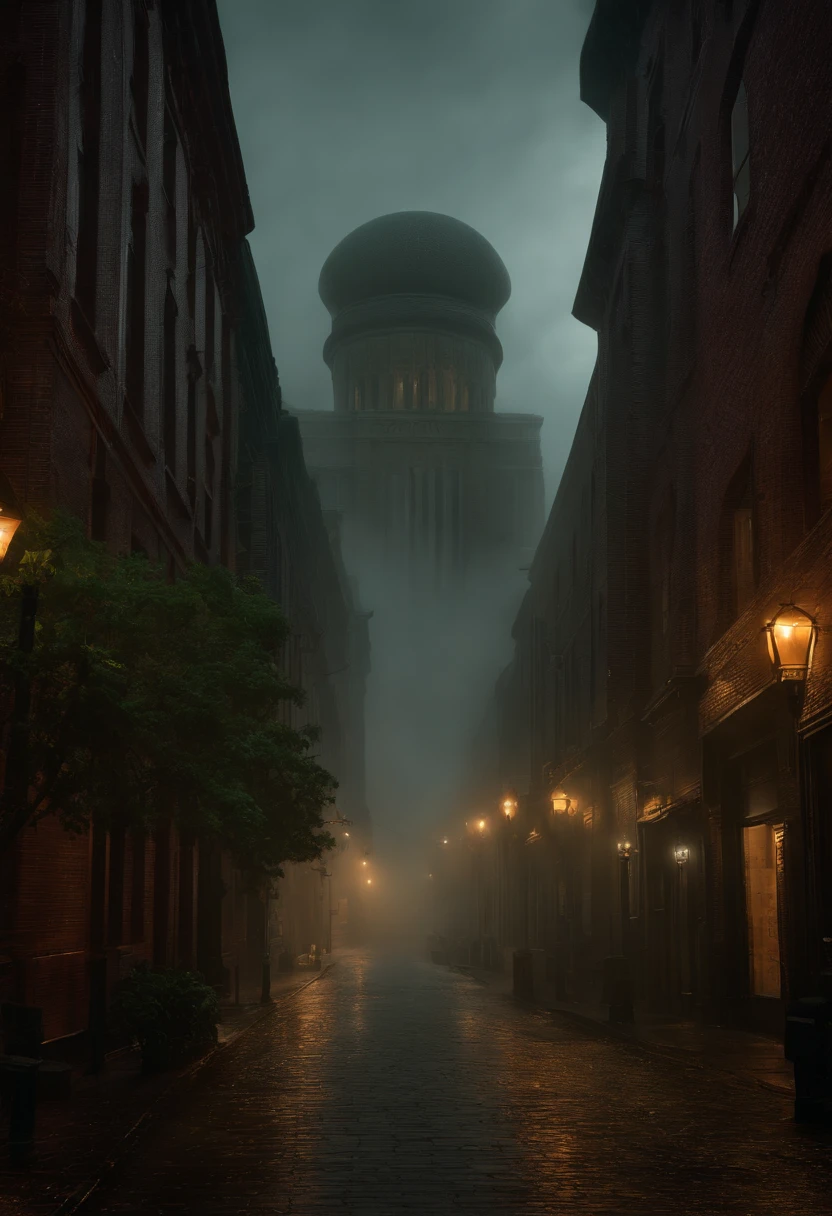 Cthulhu Lovecraft ,Cthulhu, Lovecraft ,Works by HP Lovecraft , Los Angeles Buildings, terrorism, Foggy, Foggy, terrorism ,terrifying , Dramatic Lighting , cinematic lightening, Master Parts,top-quality, A hyper-realistic, ighly detailed