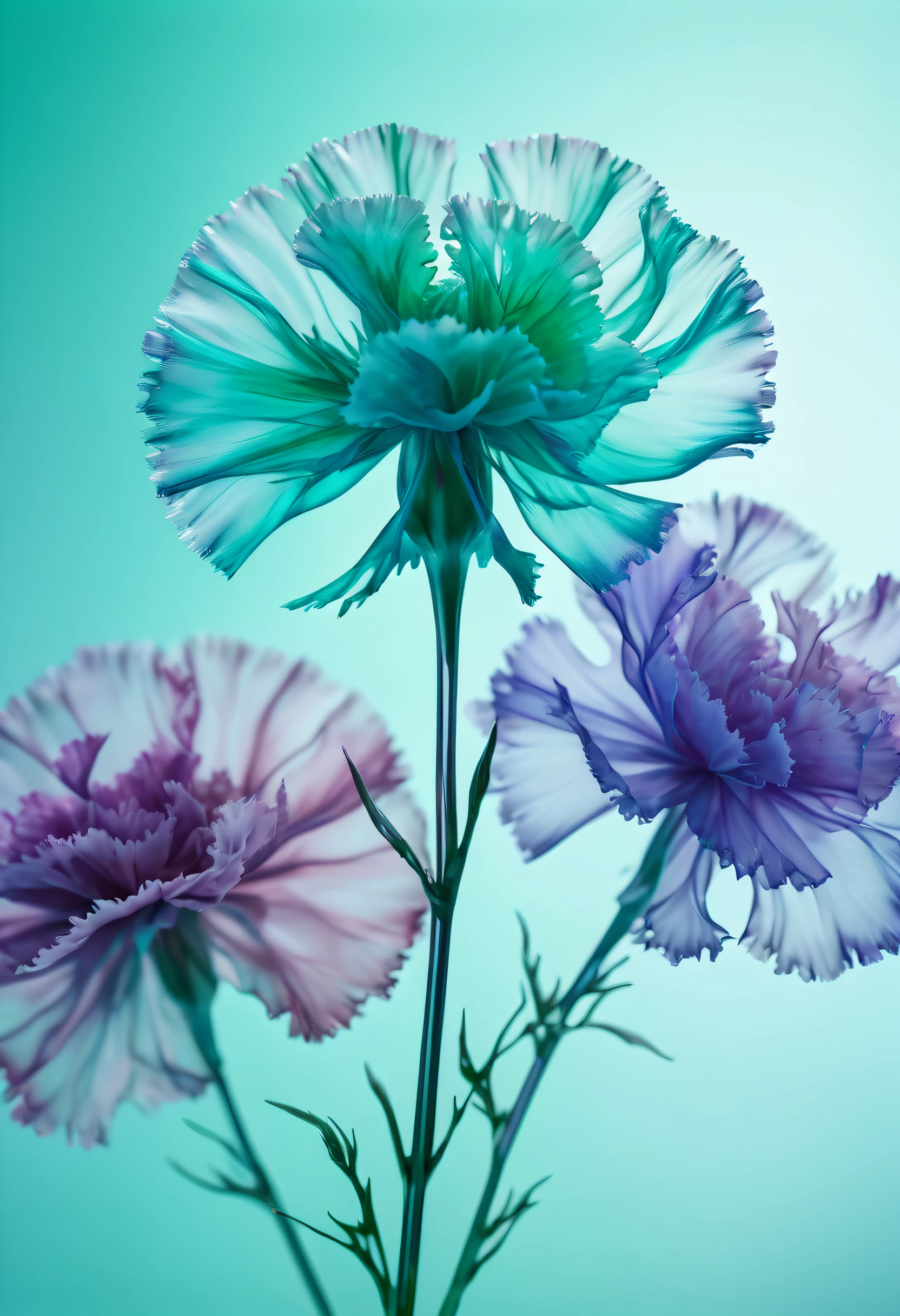 Semi-transparent flowers，Carnation,The petals are made of transparent：：4 silk material, in the style of transparency and lightness, Multi color matching，Turquoise Blue，Lavender Purple，Clean background, Macro, Natural Light,Fantasy, Romanticism，elsa bleda, green, soft and rounded forms, color photography pioneer, 8k, hyper quality