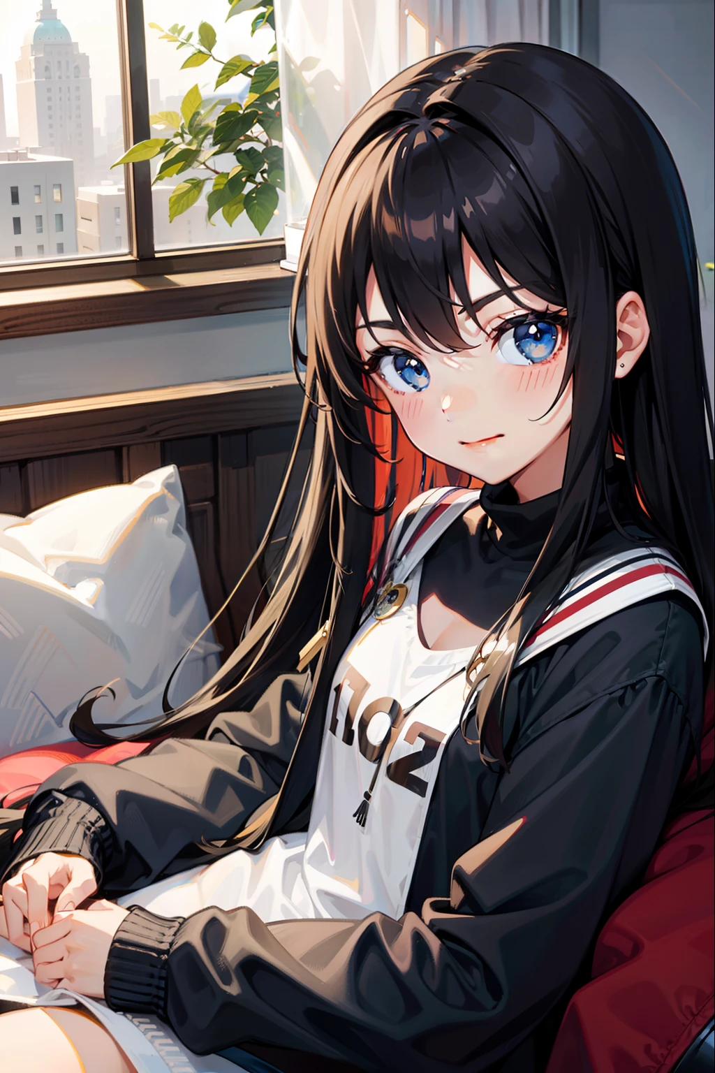 solo,, (10 year old girl), long hair, black hair, smiling, blue eyes, sitting, immense blushing, up-close view, casual clothing, living-room background