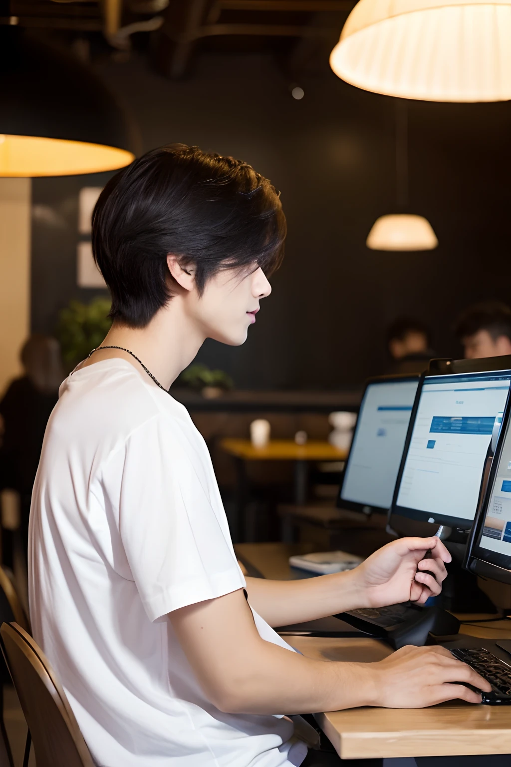 male people、Rear view、Hairstyle is short black hair、white t-shirts、Working on a computer at a café、fashionable cafe、An atmosphere where you can work
