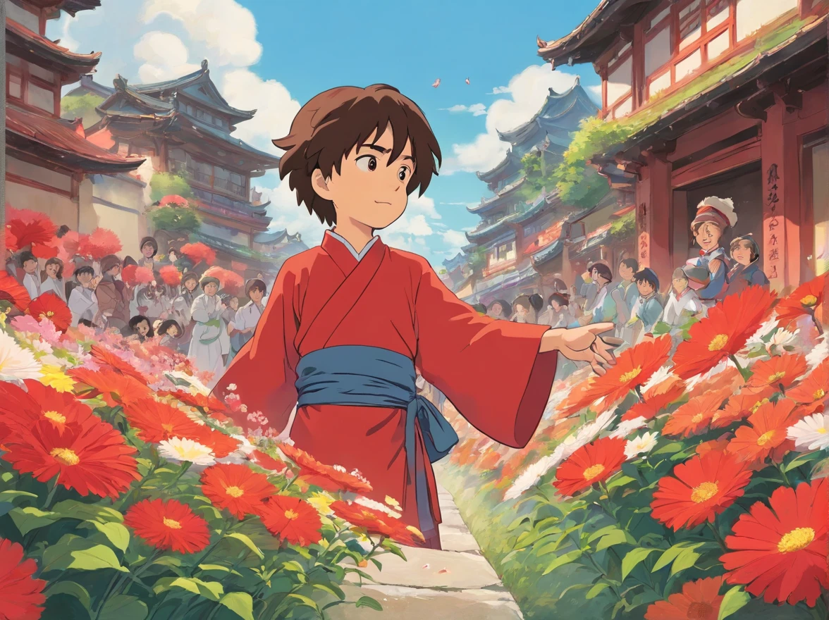 Tano,Many people cheered around the young red Zhuang costume boy,Clap your palms。The boy stands in the center,It's nice to hold a flower cannon。Positive perspective