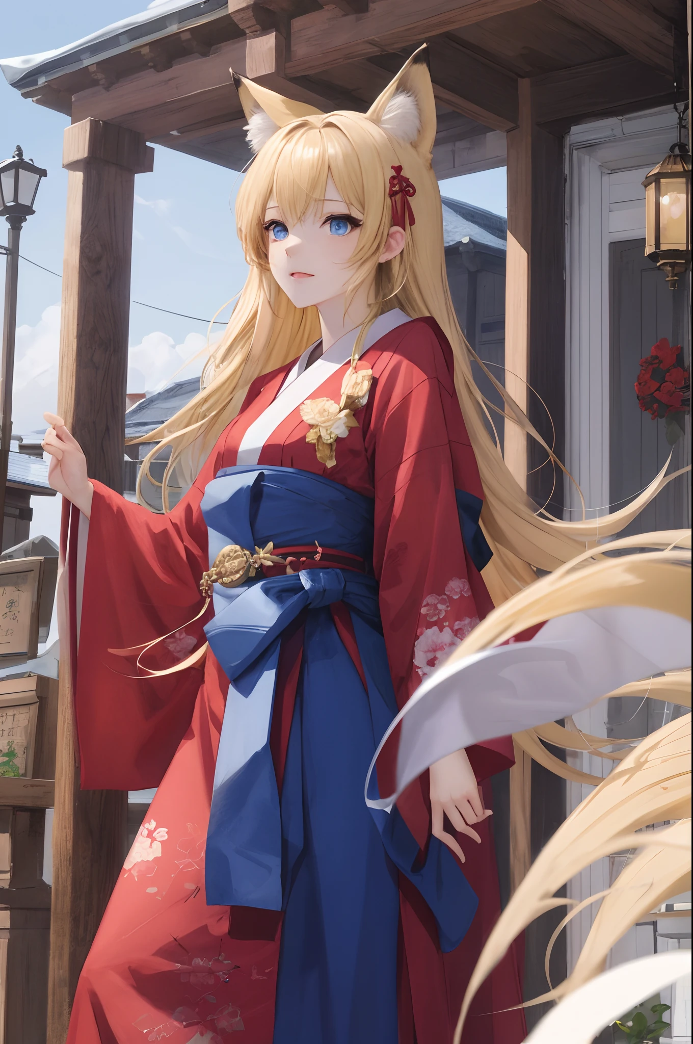 Fox Maiden、a blond、blue eyes、shrine maiden、Serve red white
