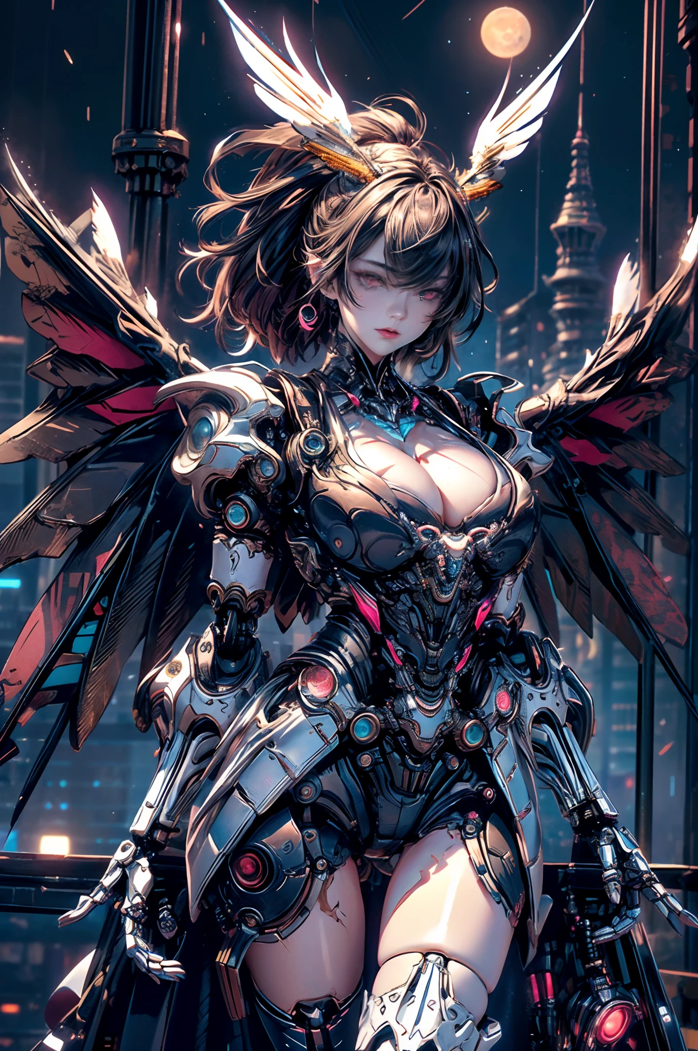 Cinematic lighting,super detailed skin、Beautiful detailed eyes、Best Quality,cyberpunked,(Alternative、dim colors, Soothing tones:1.3)NSFW(1beautiful woman、Detailed beautiful facial features、Villain image:1.5)(Fancy hair color、large well-shaped breasts、cleavage of the breast、Torn clothes in white:1.3).(Arms and legs are mechanical、Neon mechanical wings with big back:1.5)(seduces、model poses)Predawn sky、On the roof of a destroyed Japan building、(Mechanical Moon:1.2)
