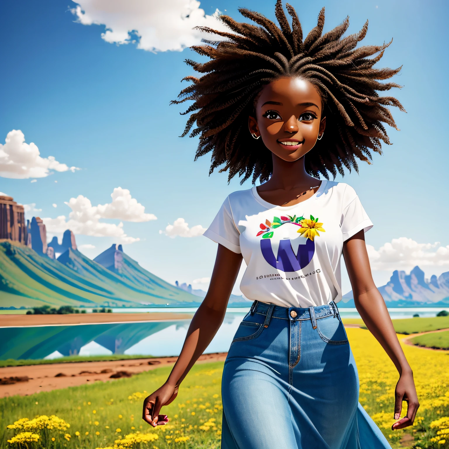 sticker african countryside with a flower, animals, lake, clean photo, messy hair in the wind, dressed in jeans and t-shirt, walking, full body, breathtaking rendering, (tan skin), colorful long dress, detailed facial features, symmetrical face, leaves in the wind, in front of a lake, gentle smile, drawing realistic animated, (big sweet eyes), angelic purity, artist used bright, like a pixar character, exceptionally unique beauty, dark skin tone, hi mark --ar 2:3