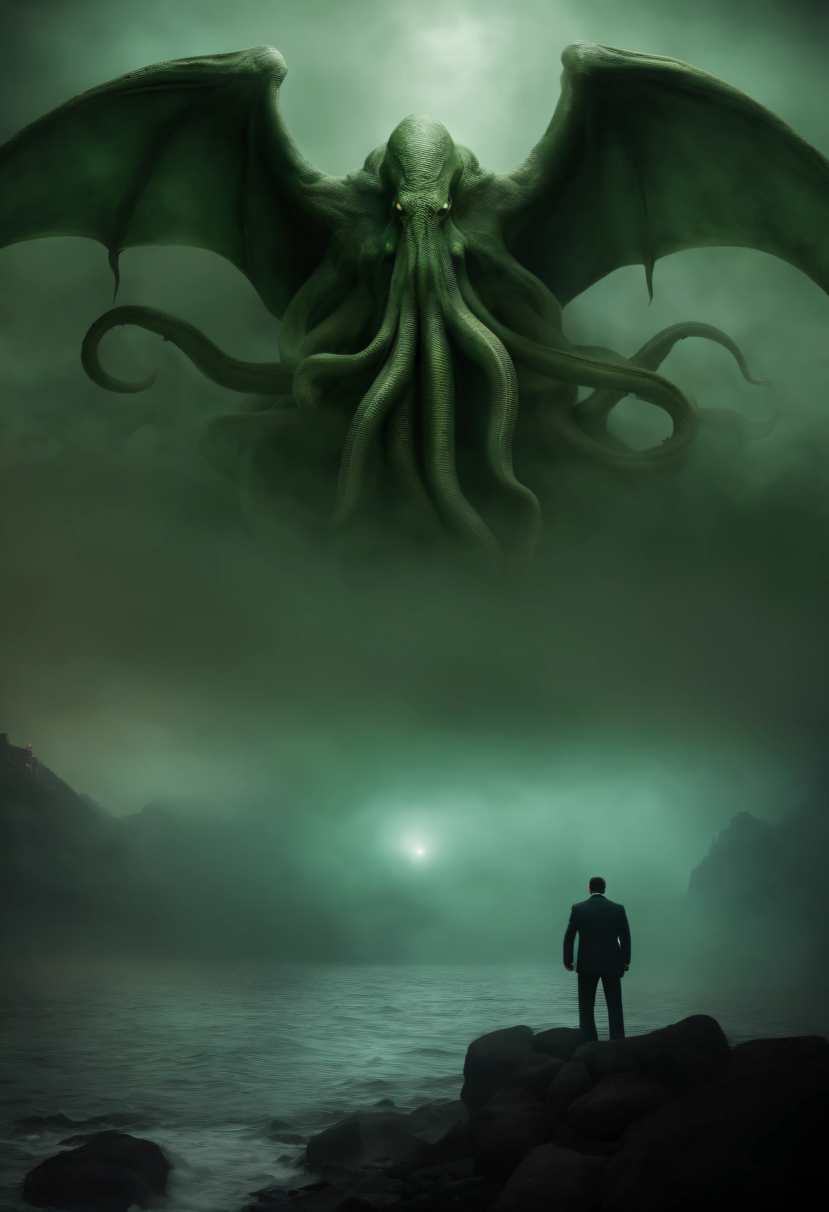 Cthulhu Lovecraft ,Cthulhu, Lovecraft ,Works by HP Lovecraft , Los Angeles Buildings, terrorism, Foggy, Foggy, terrorism ,terrifying , Dramatic Lighting , cinematic lightening, Master Parts,top-quality, A hyper-realistic, ighly detailed