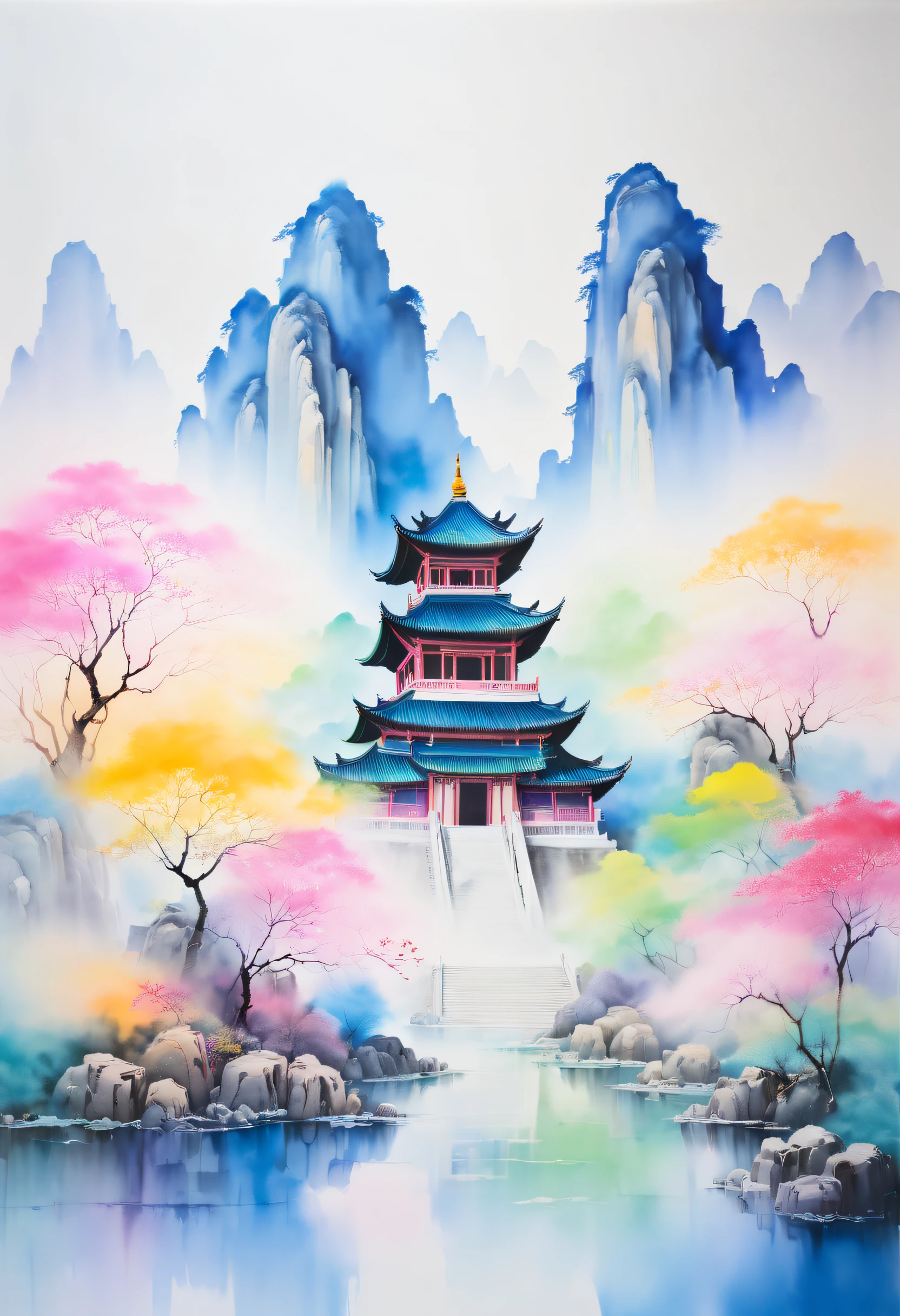 watercolor painting with a colorful background and a colorful temple, in the style of qiu shengxian, ethereal abstractions, miwa komatsu, soft, dreamy landscapes, teamlab, shang dynasty, subtle use of colo