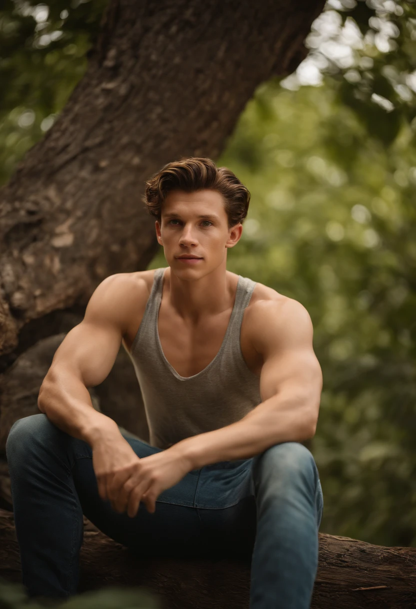 Tom Holland,shirtless,open-legs,relaxed posture,bare-chested,athletic build,fit physique,youthful appearance,glistening skin,sun-kissed,tousled hair,damaged jeans,comfortable background,garden setting,natural lighting,playful expression,confident demeanor,six-pack abs,sweat-drenched body,straw hat,freckles,leaning against a tree,admiring the surrounding scenery,faded tattoos,rippling muscles,provocative gaze,subtle hints of vulnerability,boyish charm,endearing smile,happy-go-lucky atmosphere,artistic medium:oil painting,impressionist style,rich brushwork,vibrant colors,pleasing composition [best quality,4k,highres,masterpiece:1.2],ultra-detailed,realistic,bokeh,soft shadows,lens flare,contrast between light and shadow,subtle texture,serene color palette.