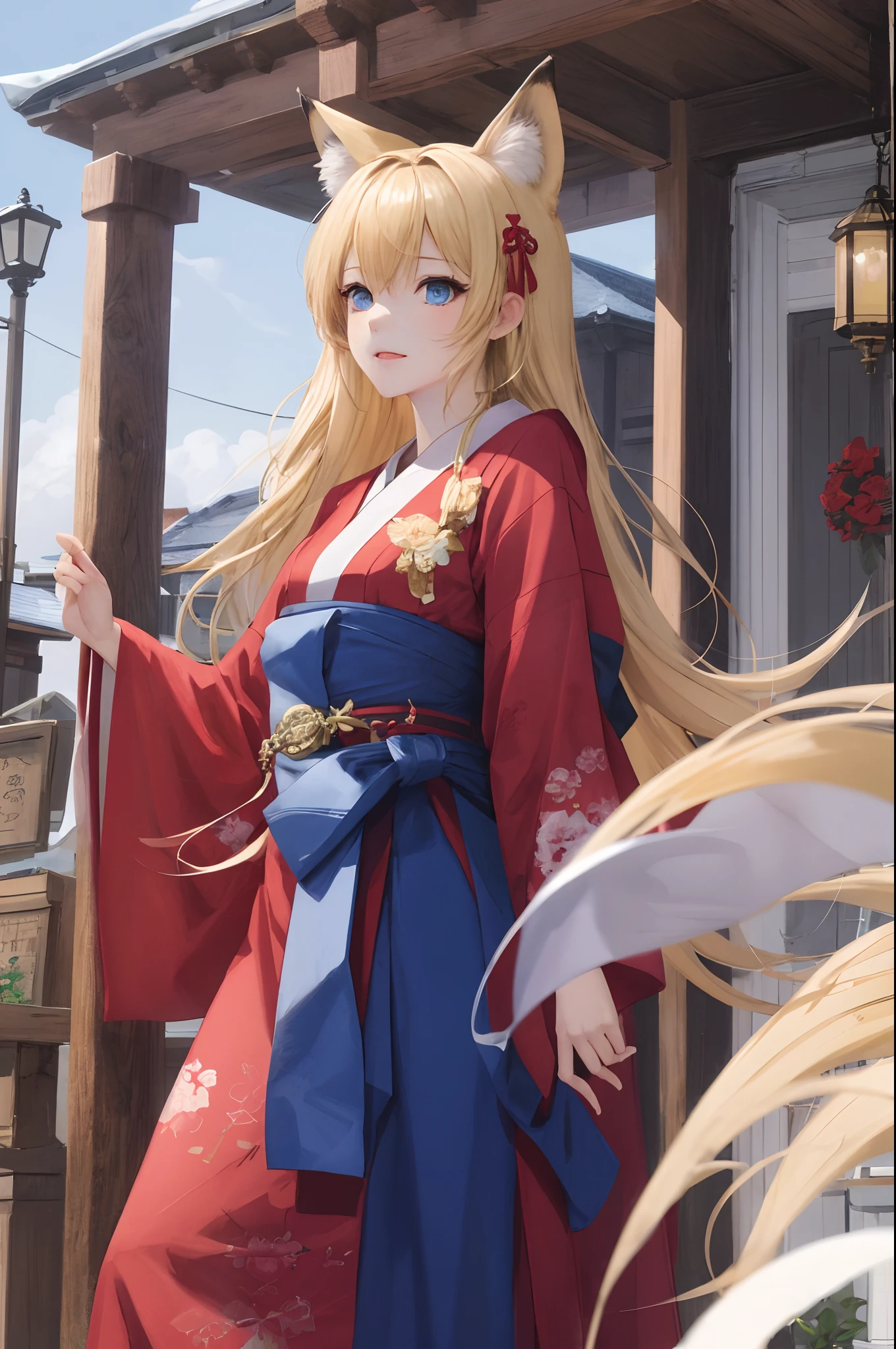 Fox Maiden、a blond、blue eyes、shrine maiden、Serve red white