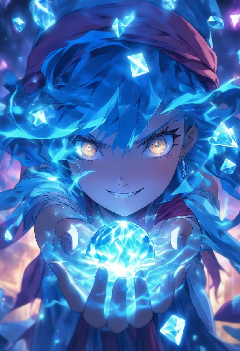fortune teller、Mysterious crystal on dim background、8k、hightquality、In a crystal clear blue crystal『stumble』characters、girl with、solo person、Blue eyes and dark hair、Smile、lightning