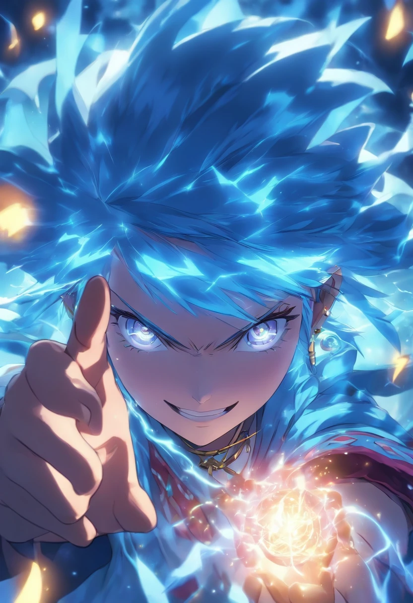 fortune teller、Mysterious crystal on dim background、8k、hightquality、In a crystal clear blue crystal『stumble』characters、girl with、solo person、Blue eyes and dark hair、Smile、lightning