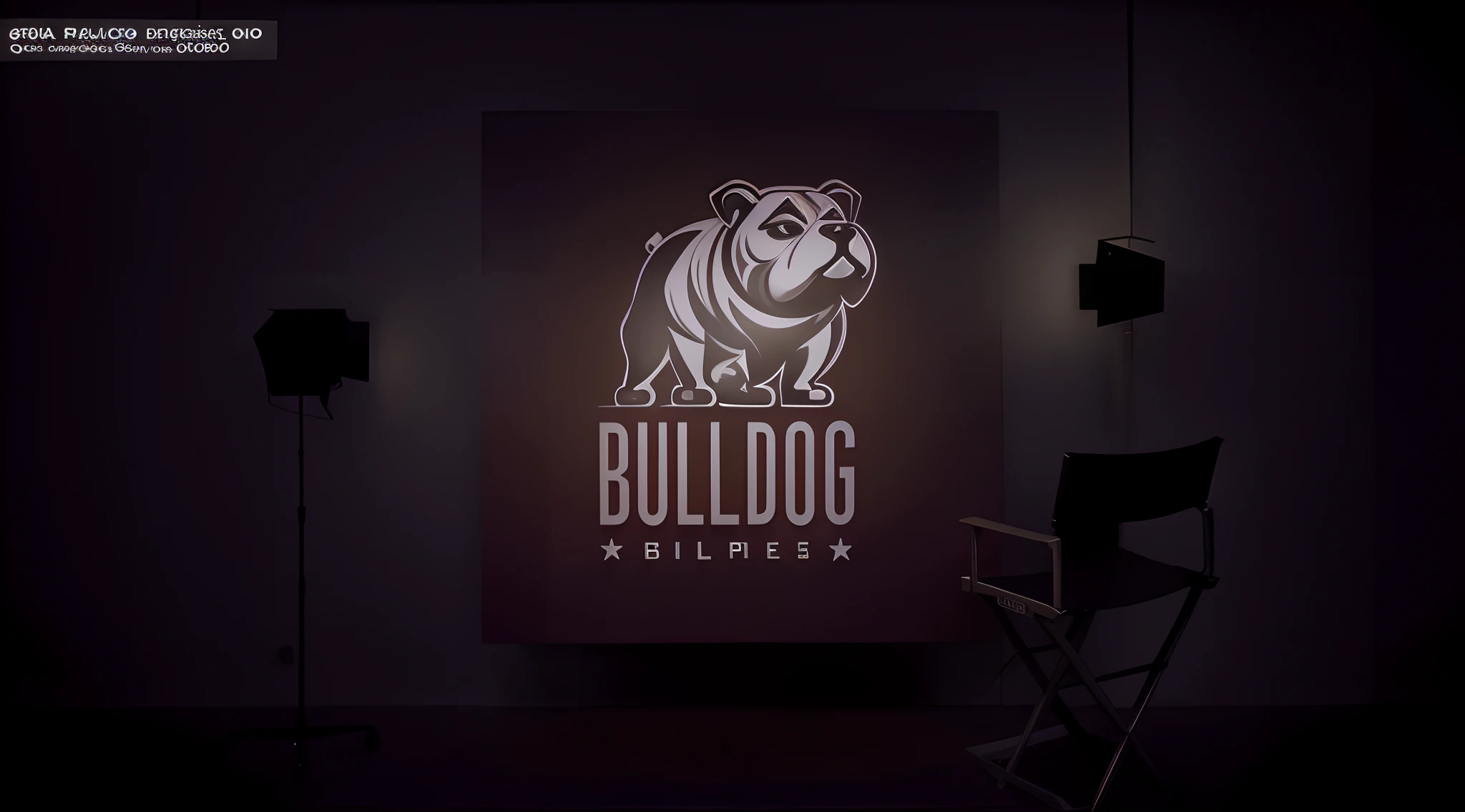 um close up de uma cadeira em frente a uma parede com um buldogue sobre ela, mascote tourodog estilo nba, Film Studio, Bullies, design de logotipo, design de conceito de logotipo, major film production, 2d solid shape logo, cena completa filmada, design de logotipo profissional, estilo de logotipo vetorizado, Logotipo 3D, touro, 435456k filme
