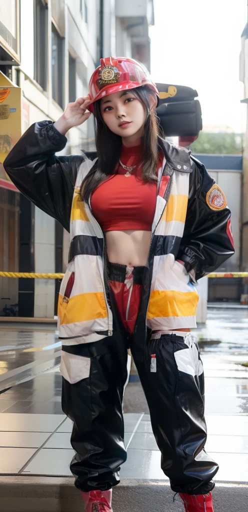 young female firefighter、Good Style、、Shorts、、Idol face、large full breasts、、long boots、Colorful Fire Suit