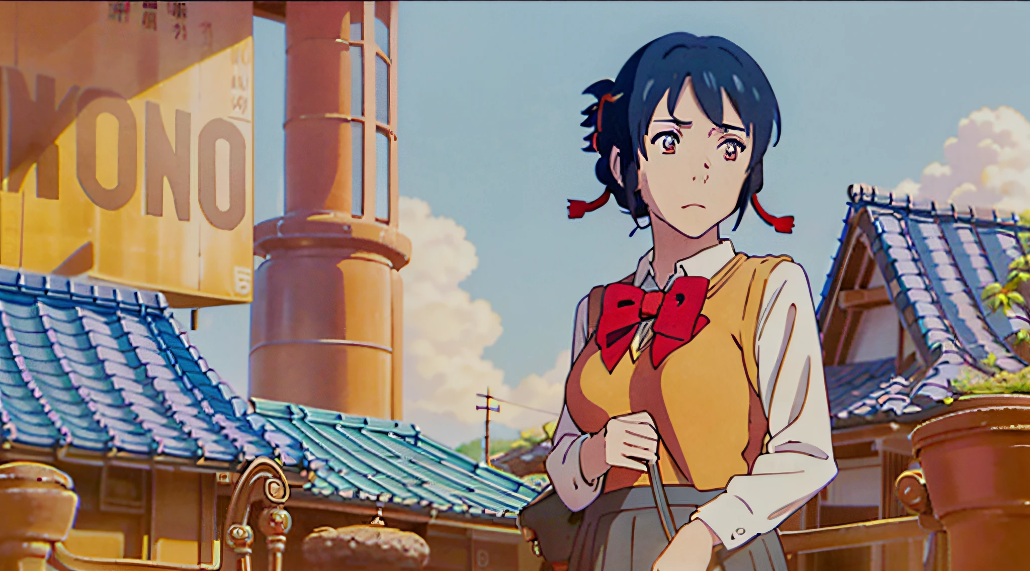 miyamizu_mitsuha, red bowtie, yellow school uniform, white shirt, black school skirt,
jewelry,  hands on chest,see-through, looking at viewer,  hair ornament, choker, shy,
(masterpiece, top quality, best quality, official art, beautiful and aesthetic:1.2), (1 girl), extreme detailed,  colorful, highest detailed,
(huge breasts:1.2, upper body, from below,  cameltoe,  ) white panties, skirt lift,
china city,street,  sun, cloud, wall, leaning,