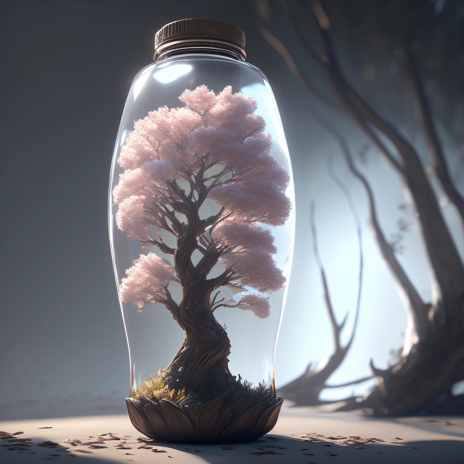 dreamlikeart tree in a bottle, fluffy, realistic, photo, canon, dreamlike, art, colorfull leaves and branches with flowers on top of its head. hyperdetailed photorealism by greg rutkowski - h 1024 w 804 | f 1 6 lens mark 2:2 s 3555 mm film grain :1 lifelike high res sharp focus contrast!! intricate detailed atmospheric light refraction lighting unreal engine 5 cinematic concept photography masterpiece octane render trending at cgsociety rendered as