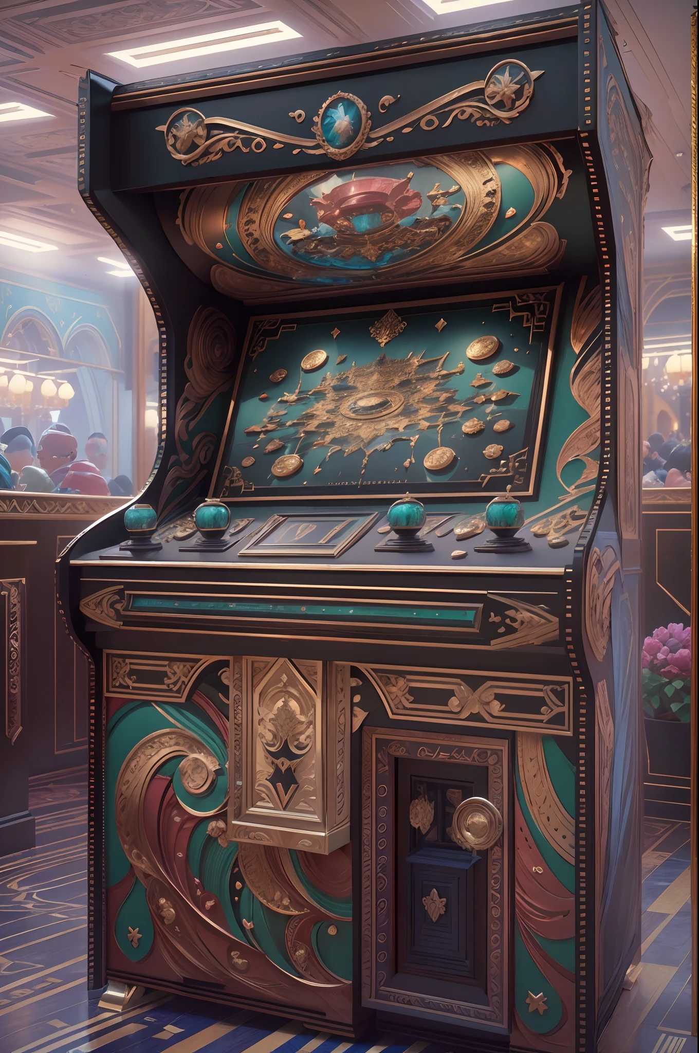 EbonyGoldAI:Arcade in the arcade.(Best quality,4K,8K,A high resolution,Masterpiece:1.2),(super ultra detail),(Realistic,Photorealistic,photo-realistic:1.37)