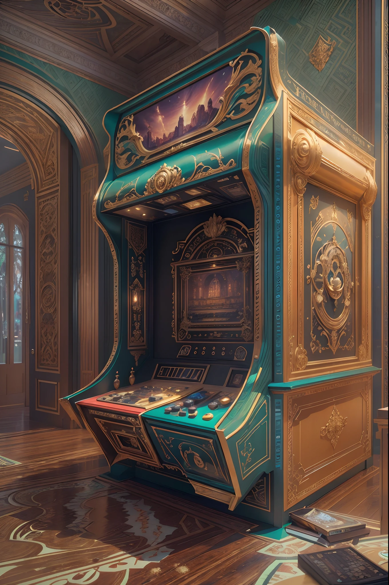 EbonyGoldAI:Arcade in the arcade.(Best quality,4K,8K,A high resolution,Masterpiece:1.2),(super ultra detail),(Realistic,Photorealistic,photo-realistic:1.37)