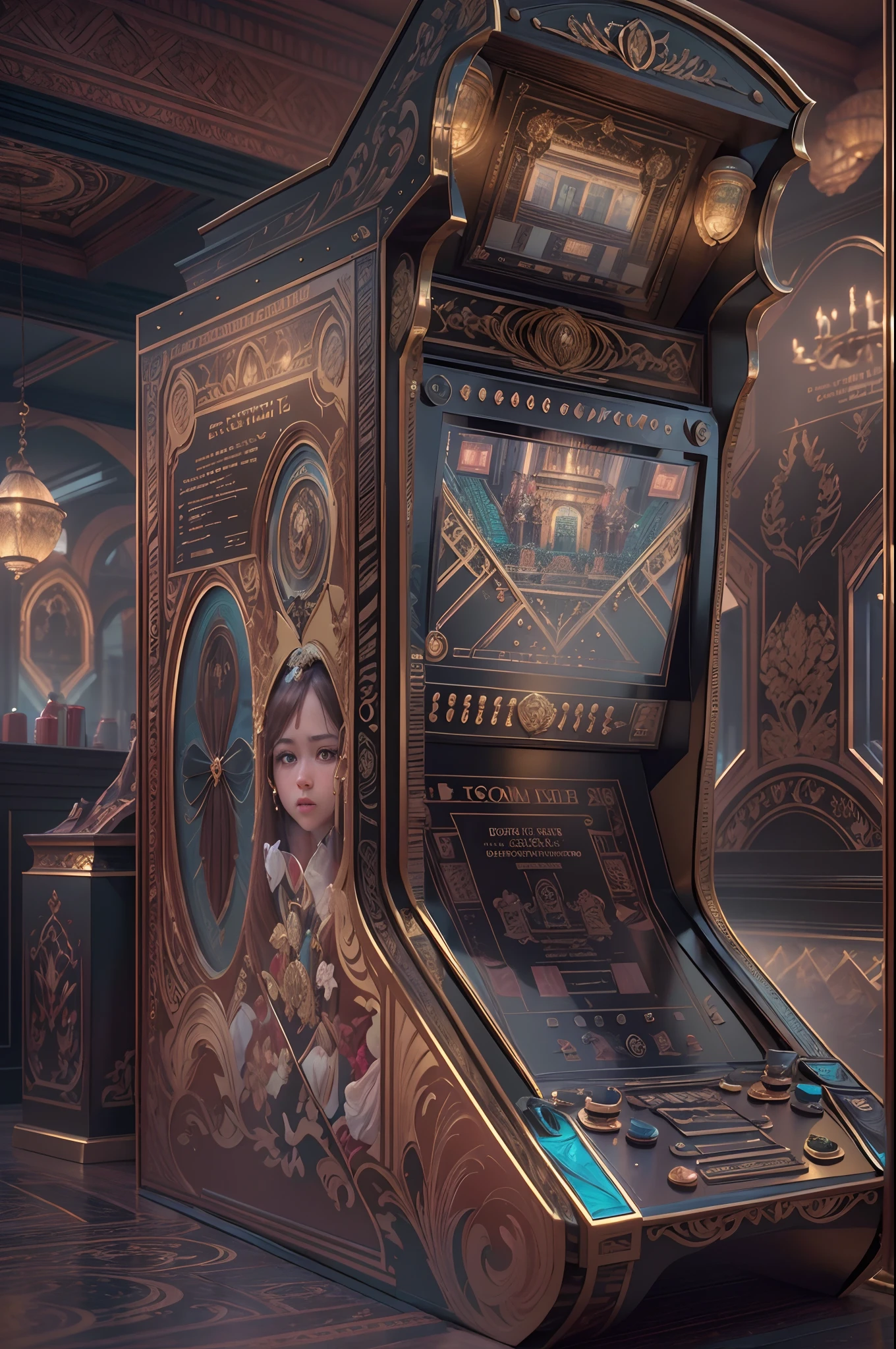 EbonyGoldAI:Arcade in the arcade.(Best quality,4K,8K,A high resolution,Masterpiece:1.2),(super ultra detail),(Realistic,Photorealistic,photo-realistic:1.37)