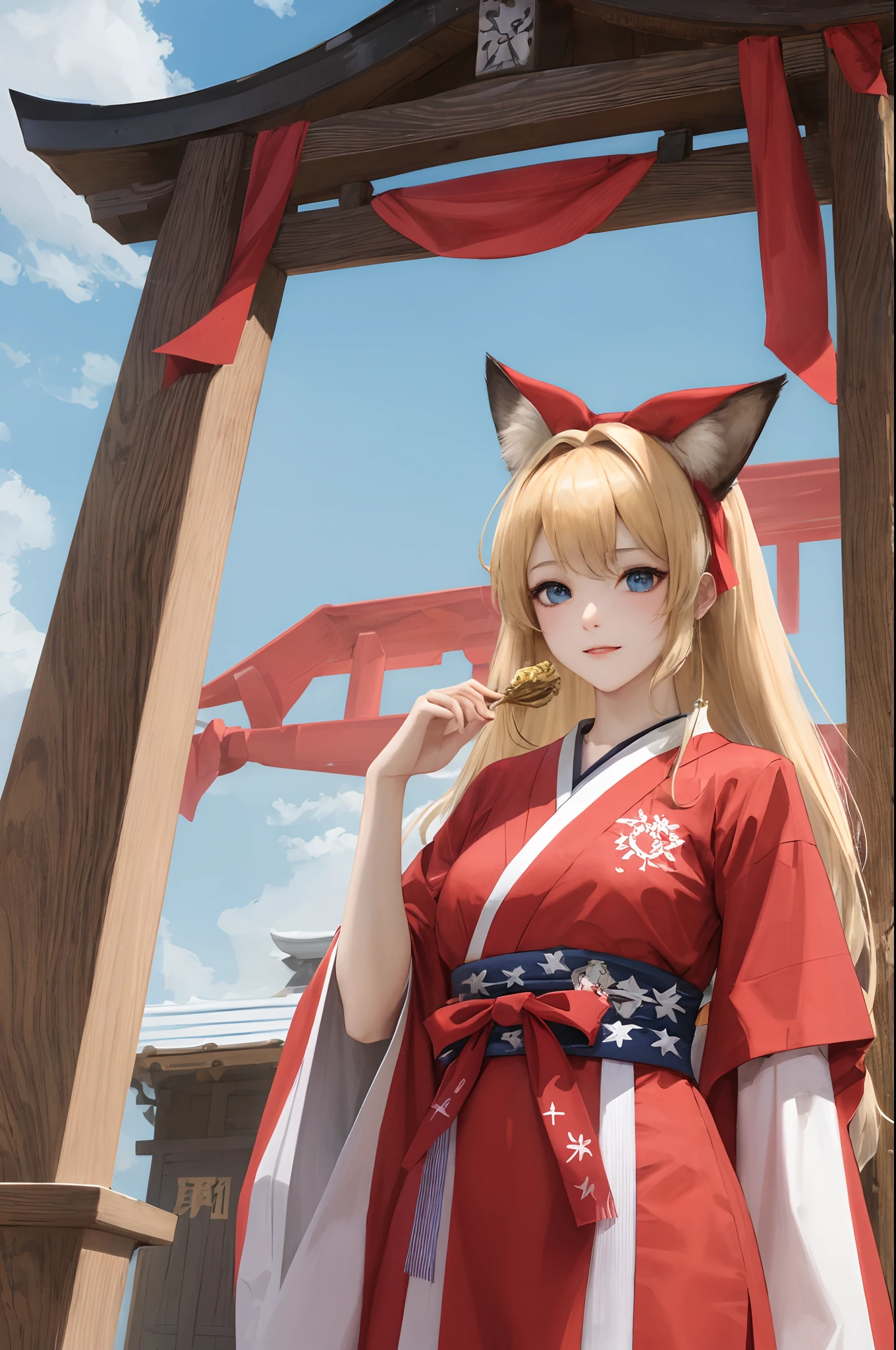 Fox Maiden、a blond、blue eyes、shrine maiden、Serve red white