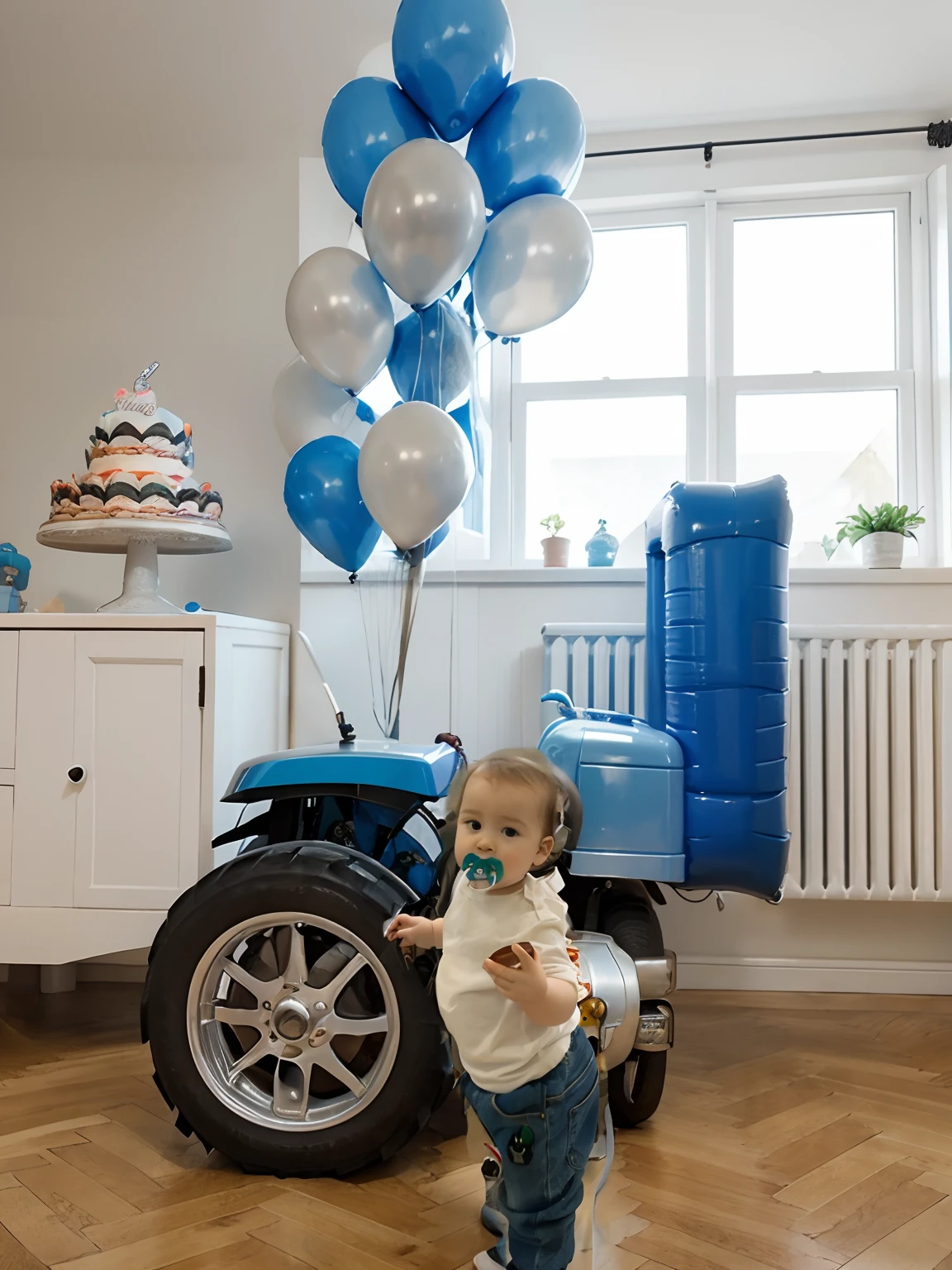 Studio for one year old baby with blue balloons , a cake, Ball Blue Tractor