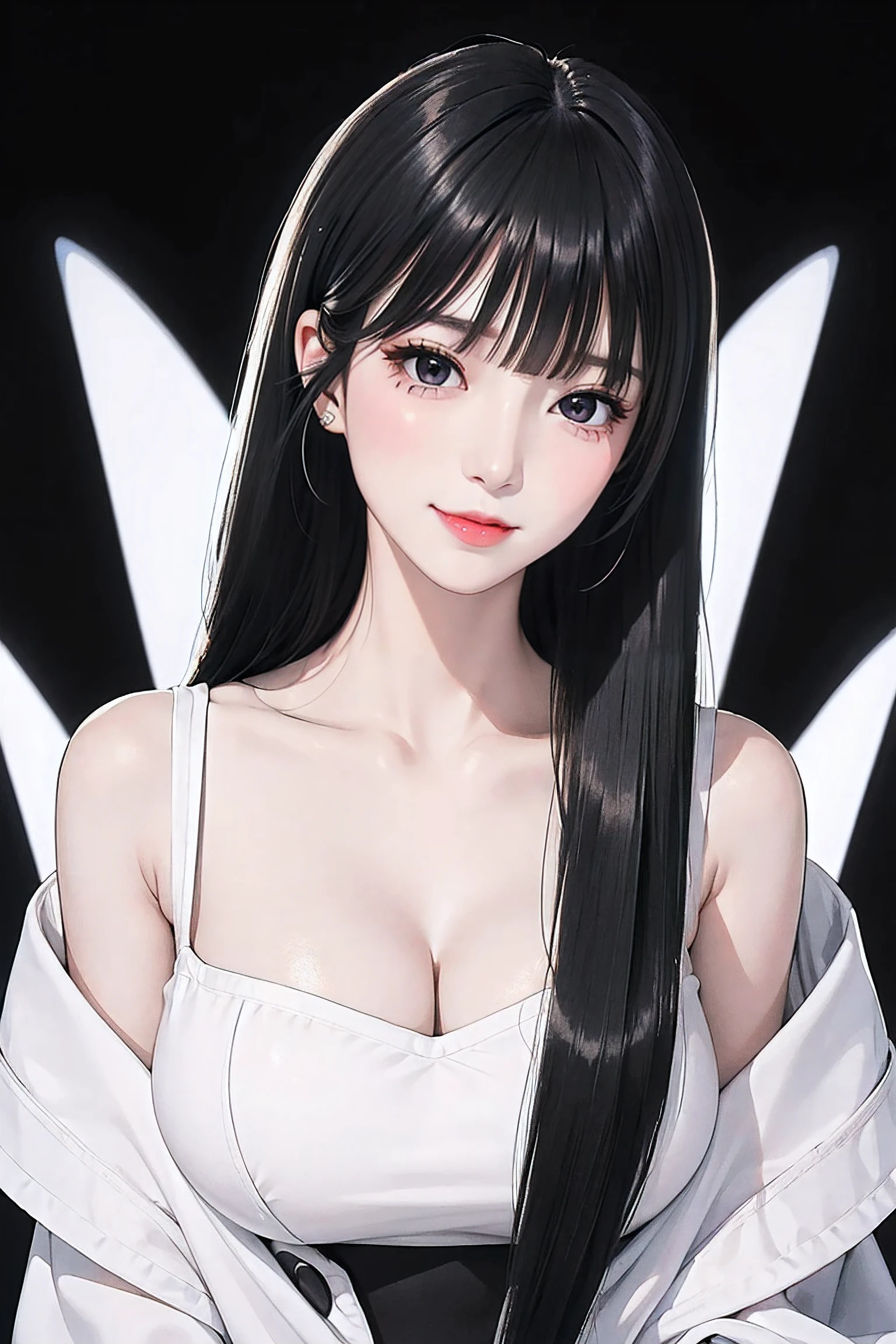 ((long_hime_cut_Hairstyle:1.5)),(((Blunt bangs,Straight bangs:1.1))),(((Very long black hair, Ridiculously long black hair:1.1))),Simple white background, White shirt,cleavage, 鎖骨,off shoulders,bra strap, Black hair,Blue eyes, Blunt bangs, Long hair, 1 girl, 20yr old,infp young woman,Beautiful Finger,Beautiful long legs,Beautiful body, Beautiful nose,Beautiful character design, Perfect eyes, Perfect face,Expressive eyes,Perfect balance, Looking at Viewer,(Focus on her face),Closed mouth, (Innocent_Big_Eyes:1.0),(light_Smile:0.3), Official art,Highly detailed CG Unity 8K wallpaper, Perfect Lighting,Colorful, Bright_front_Face_Lighting,White skin, (masutepiece:1.0),(best_quality:1.0), 超A high resolution,4K,Ultra-detailed, Photography, 8K, nffsw, hight resolution, absurderes:1.2, Kodak Portra 400, Film grain, Blurry background, Bokeh:1.2, Lens Flare, (Vibrant_Color:1.2),professional photograpy, (Beautiful,Large_breasts:1.4), (Beautiful_Face:1.5),(narrow_waist),