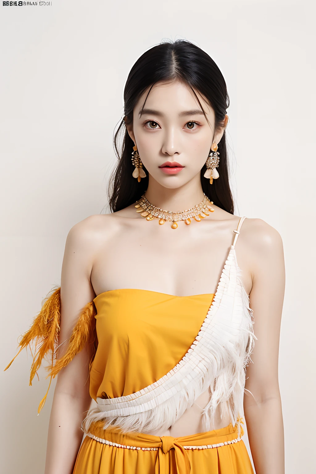 (extra detailed body、extra detailed face、best qualtiy:1.2)、femele、looking at the viewers、(Clothes with strong contrast of yellow, orange and white、asymmetry、Earrings of bird feathers up to the shoulders、a necklace、