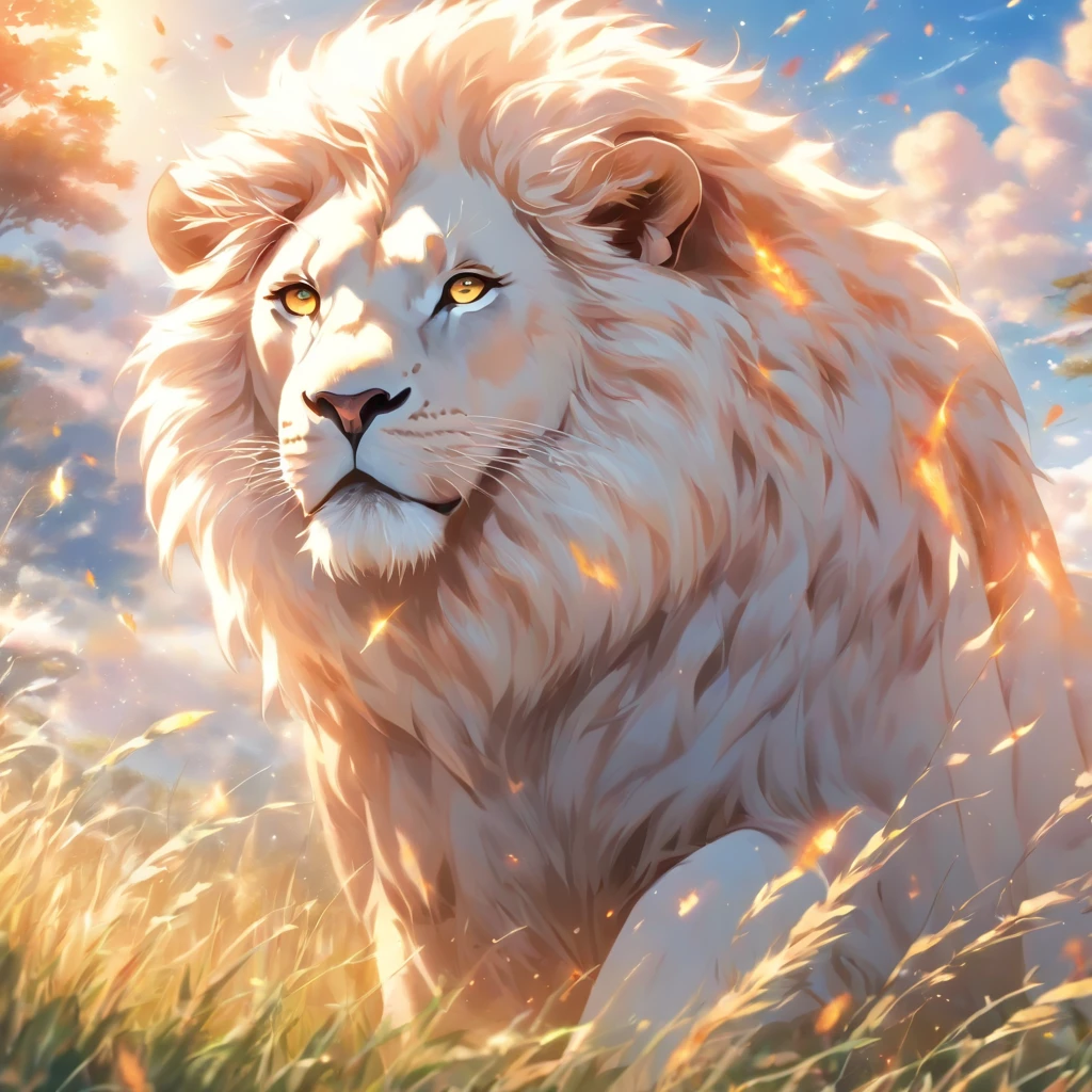 A white albino lion, ultra-detailed, with vivid colors and sharp focus, in a mesmerizing landscape. (best quality, 4k, highres, photorealistic:1.37), [bright colors], [detailed fur texture], [lush vegetation], [swaying grass], [majestic mane], [piercing blue eyes], [extraordinary details], [golden sunlight], [dramatic clouds], [roaring with power].