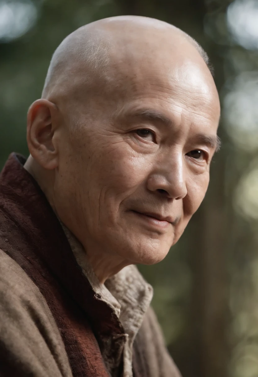 An old man sitting upright，Chinese men，ssmile，Short white hair of the spirit, bald，Medium-sized eyes，The upper part of the body，Bookshelf background，Pipe in hand，Portrait photography style，tmasterpiece，Ultra-unique to engage in professional digital art，Film Washington，Hyper-realistic，photore，Supernatural skin texture，Detailed facial features，8K，Character scale 1:1.5