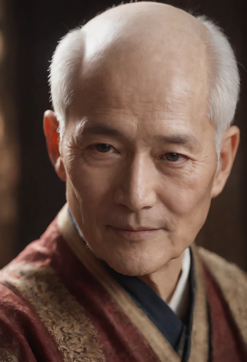 An old man sitting upright,Chinese men,ssmile,Short white hair of the spirit, bald,Medium-sized eyes,The upper part of the body,Bookshelf background,Pipe in hand,Portrait photography style,tmasterpiece,Ultra-unique to engage in professional digital art,Film Washington,Hyper-realistic,photore,Supernatural skin texture,Detailed facial features,8K,Character scale 1:1.5
