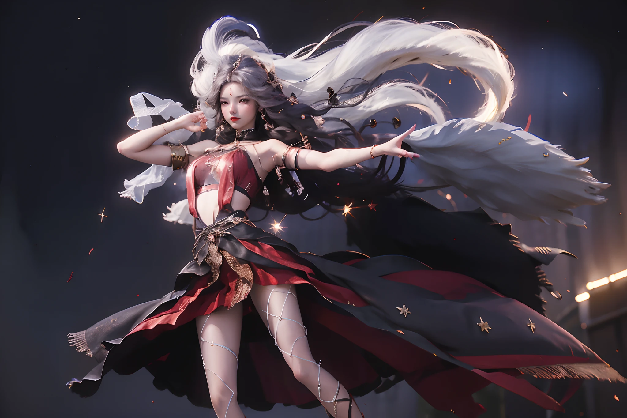 (best quality, masterpiece), 1girl, pose, particles, wind, rose flower, upper body, simple background, looking at viewer, silver-haired girl, starry sky,full body workout, hand looking forgot,