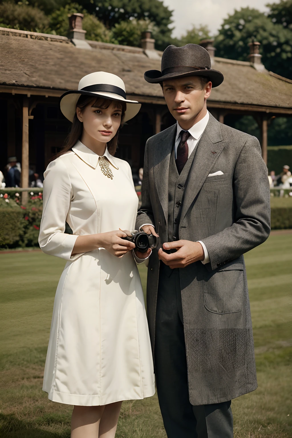 England spring year 1930, horse racing, men with hats, period clothes and binoculars, very elegant women, original hats, loaded with jewels in their hands. hyperrealistic